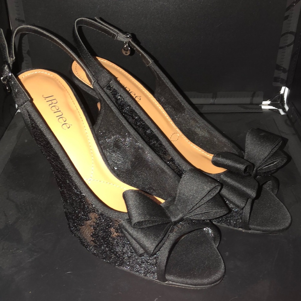 Womens slingback black sandals. Lace and sequin detailing. Bow over the toes